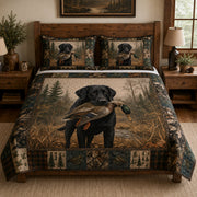 Black Labrador Duck Hunting Rustic Quilt Set: angled bedroom view showing Black Labrador Duck Hunting Rustic