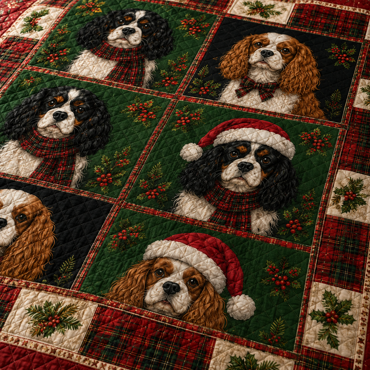 Cavalier King Charles Spaniel Christmas Quilt Bedding Set, Christmas Dog Bedspread, Plaid Holiday Bedroom Decor