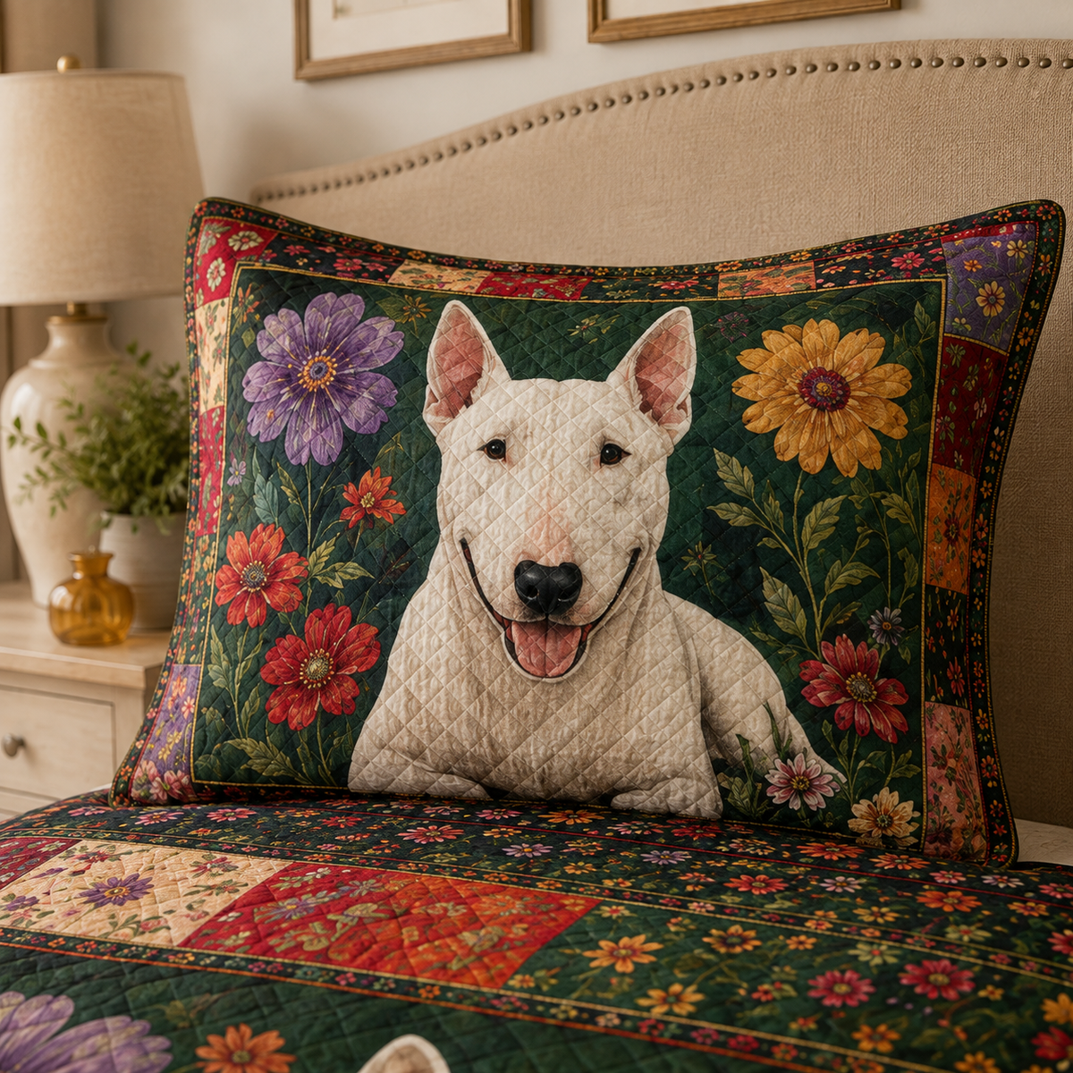 Bull Terrier Quilt Bedding Set, White Dog Floral Bedspread, Colorful Flower Dog Quilt Set with 2 Pillow Shams