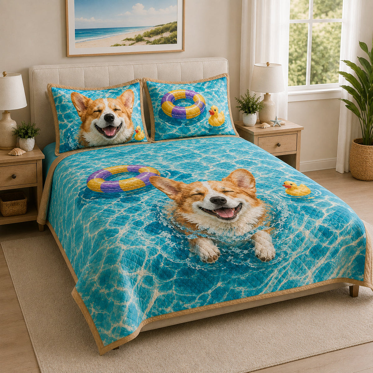 Corgi Summer Pool Quilt Set: close view of the quilt artwork showing Corgi Summer Pool