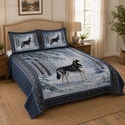 Siberian Husky Snowy Forest Winter Quilt Set: close view of the quilt artwork showing Siberian Husky Snowy Forest Winter