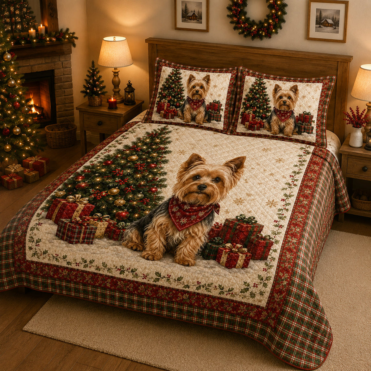 Yorkie Christmas Quilt Set: wider bedroom view with matching shams showing Yorkie Christmas