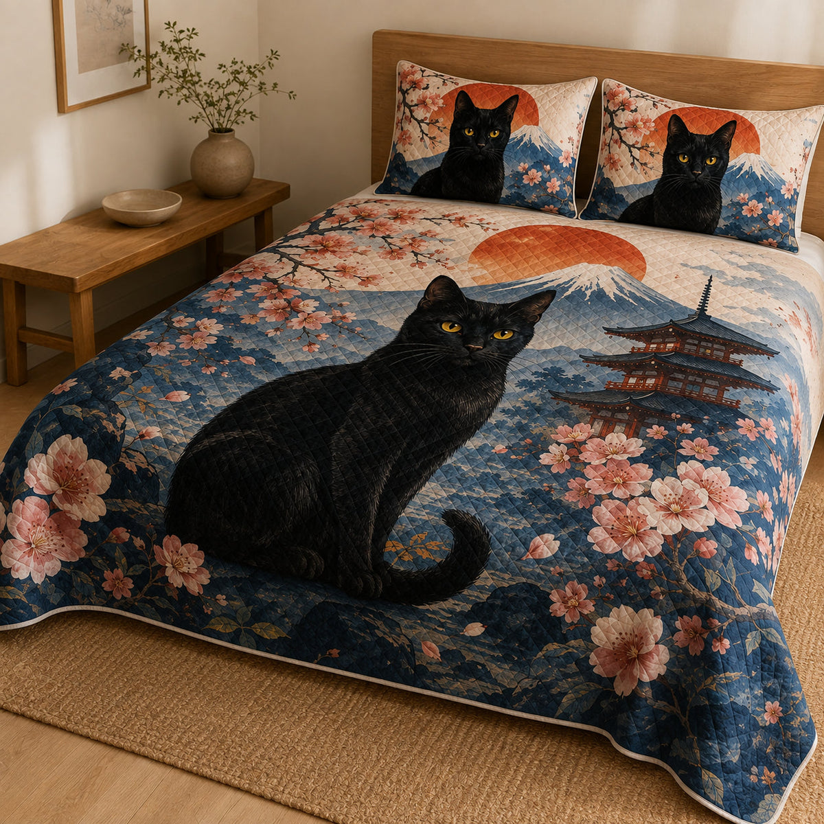 Black Cat Japanese Sakura Mount Fuji Quilt Set – additional view 3