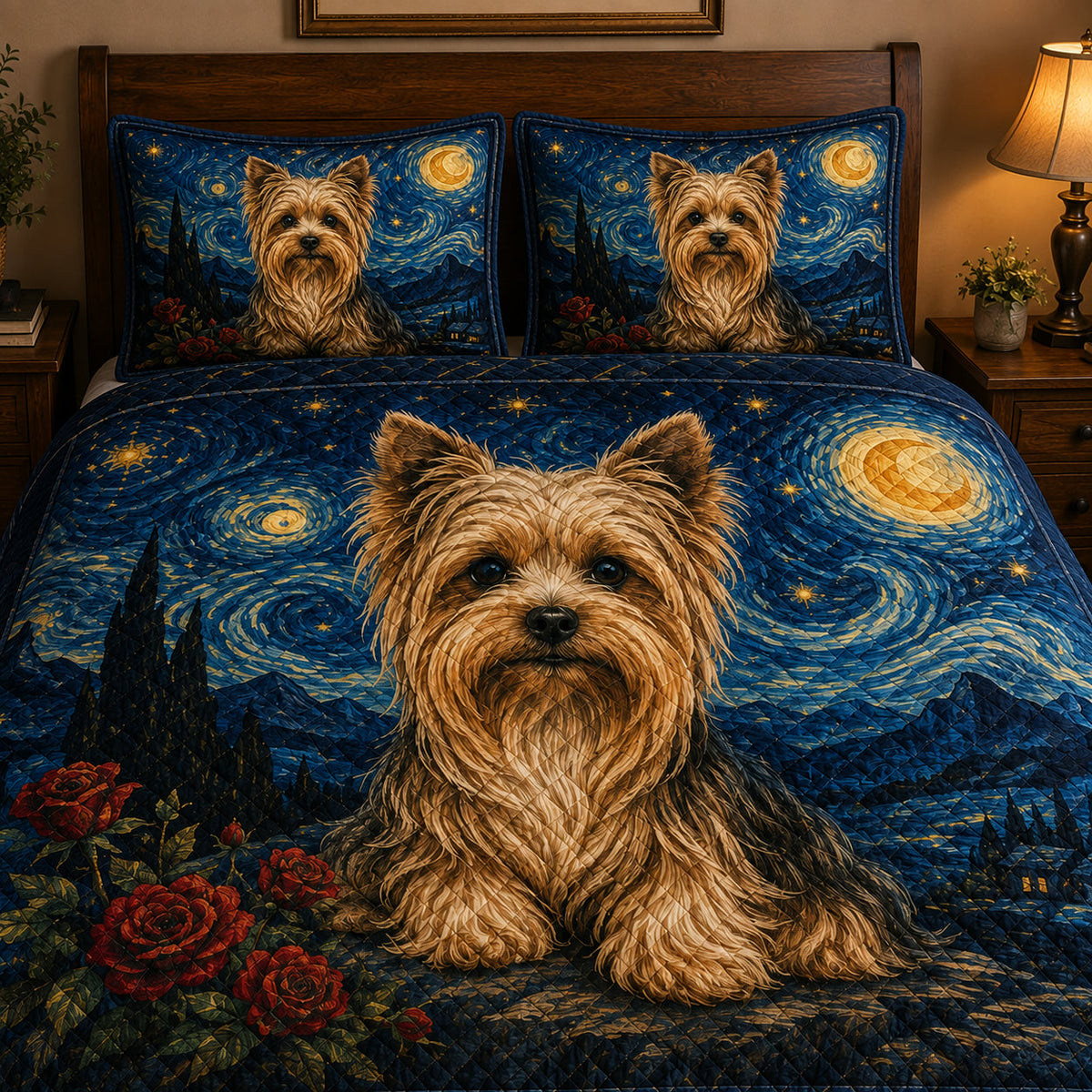 Yorkie Starry Night Quilt Set: wider bedroom view with matching shams showing Yorkie Starry Night