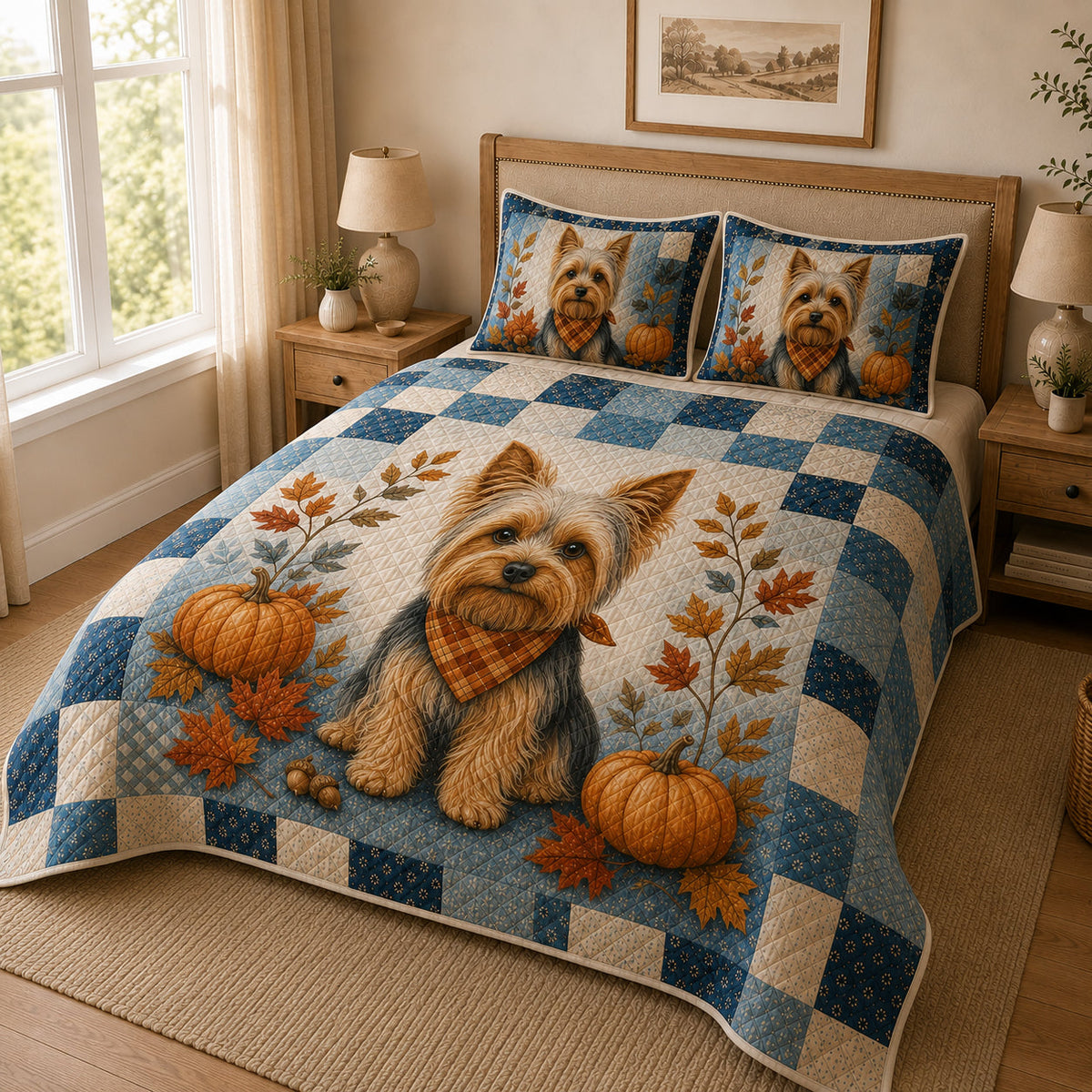 Yorkie Fall Quilt Set: wider bedroom view with matching shams showing Yorkie Fall