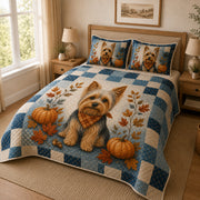 Yorkie Fall Quilt Set: wider bedroom view with matching shams showing Yorkie Fall