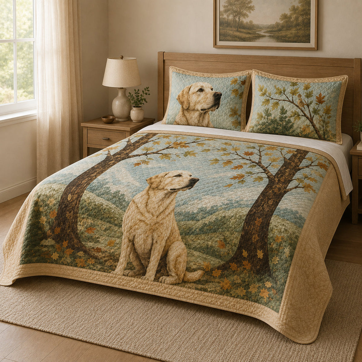 Golden Retriever Mountain Lake Fall Quilt Set: wider bedroom view with matching shams showing Golden Retriever Mountain Lake Fall