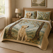 Golden Retriever Mountain Lake Fall Quilt Set: wider bedroom view with matching shams showing Golden Retriever Mountain Lake Fall
