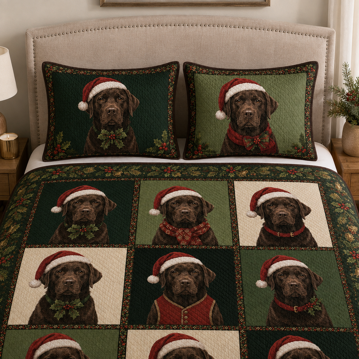 Chocolate Labrador Christmas Quilt Bedding Set, Lab Dog Holiday Bedspread, Christmas Plaid Winter Bedroom Decor