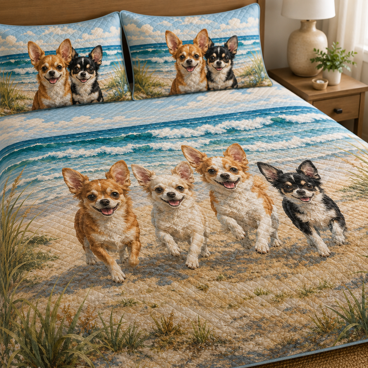 Chihuahua Puppies Running Beach Quilt Set