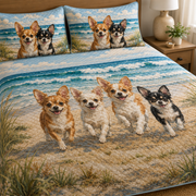 Chihuahua Puppies Running Beach Quilt Set