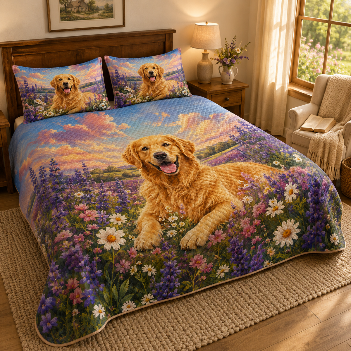 Golden Retriever Floral Quilt Set