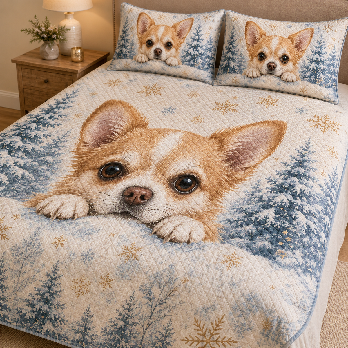 Winter Chihuahua Snowflake Forest Quilt Set