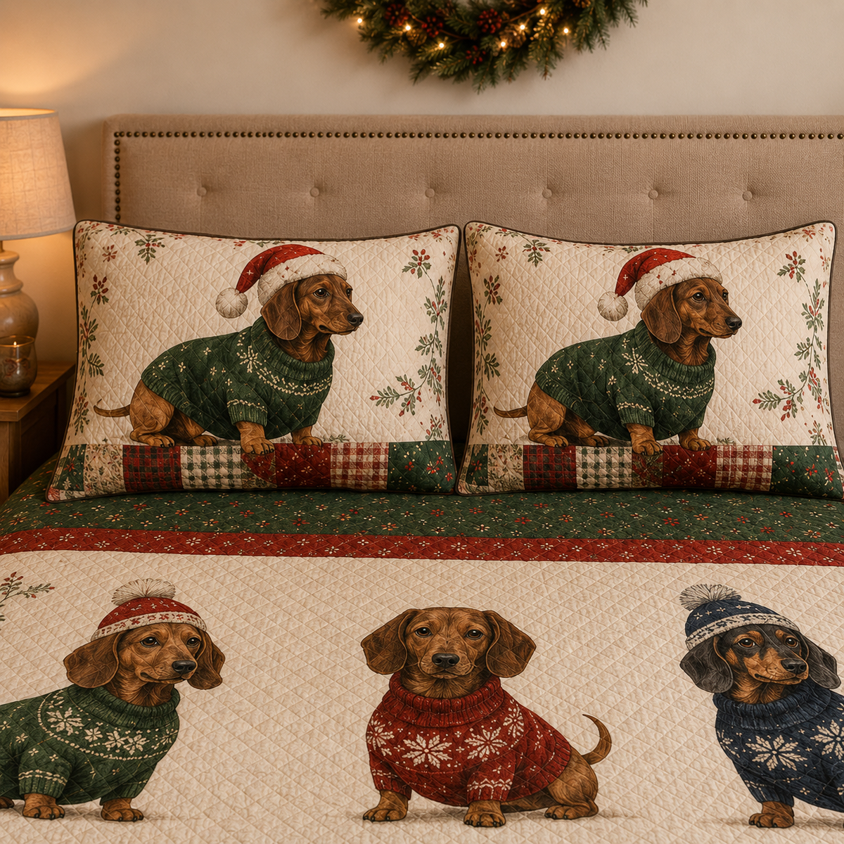 Dachshund Christmas Quilt Set, Festive Sausage Dog