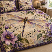 Purple Dragonfly Music Floral Quilt Set: close view of the quilt artwork showing Purple Dragonfly Music Floral