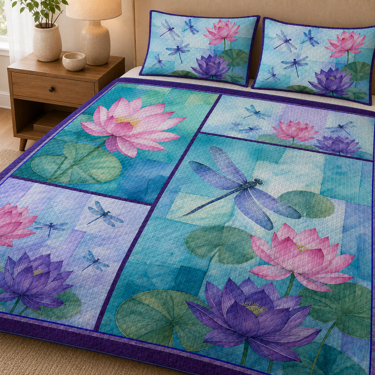 Purple Dragonfly Lotus Floral Quilt Set: close view of the quilt artwork showing Purple Dragonfly Lotus Floral