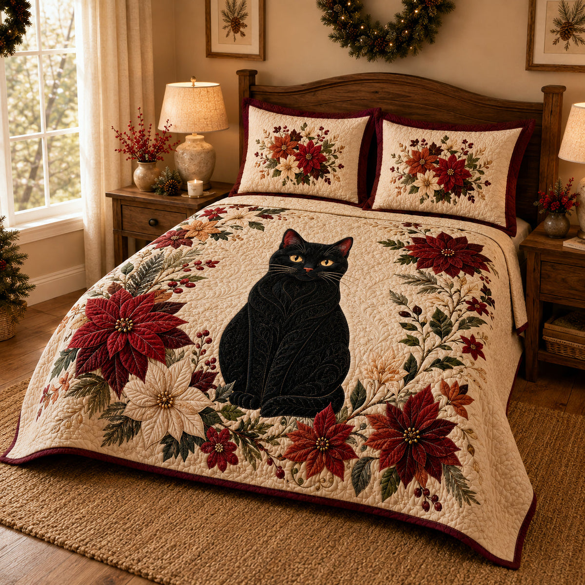 Black Cat Christmas Poinsettia Quilt Set – additional view 3