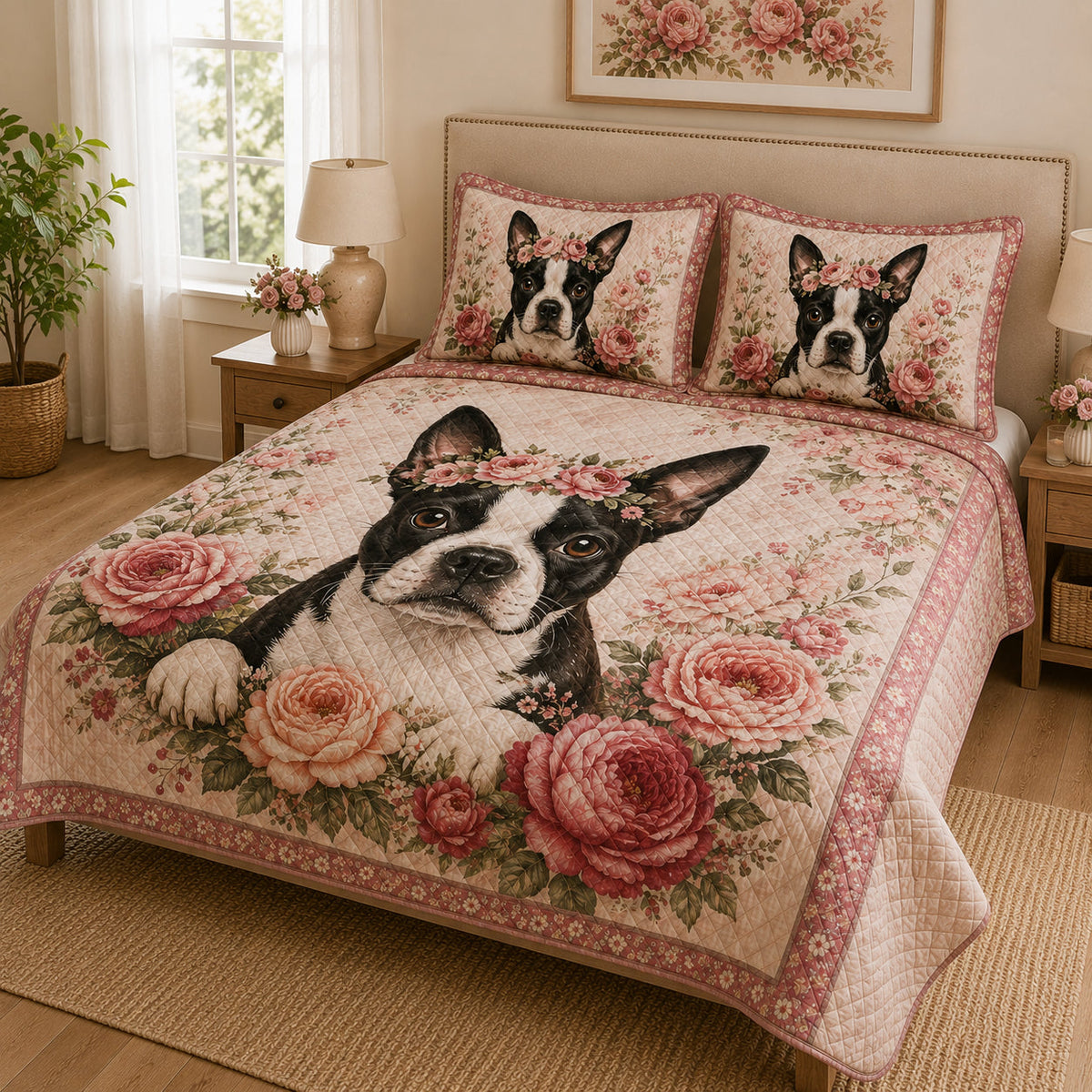 Boston Terrier Rose Floral Quilt Set: close view of the quilt artwork showing Boston Terrier Rose Floral