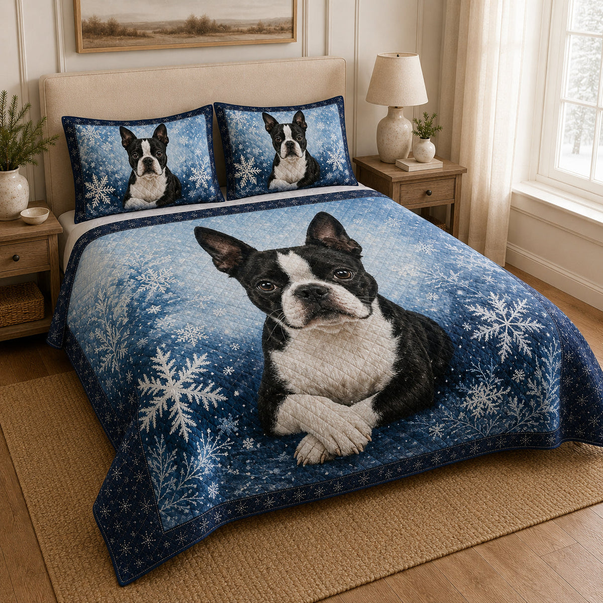 Boston Terrier Winter Snowflake Quilt Set: close view of the quilt artwork showing Boston Terrier Winter Snowflake