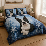 Boston Terrier Winter Snowflake Quilt Set: close view of the quilt artwork showing Boston Terrier Winter Snowflake