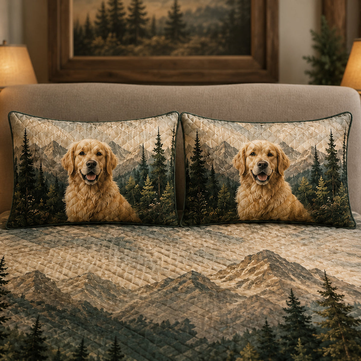Golden Retriever mountain forest quilt set styled in a warm rustic bedroom