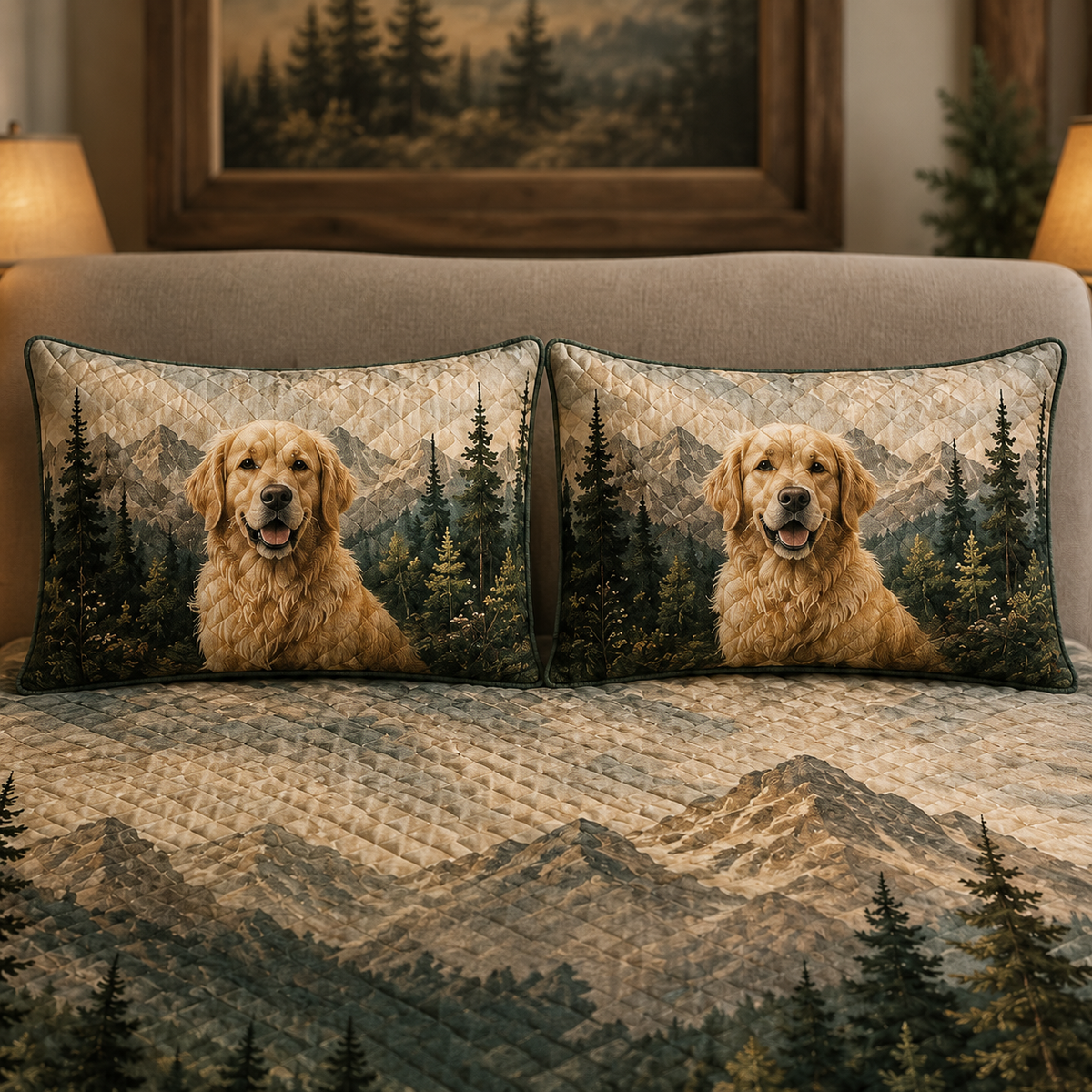 Golden Retriever Mountain Forest Quilt Set