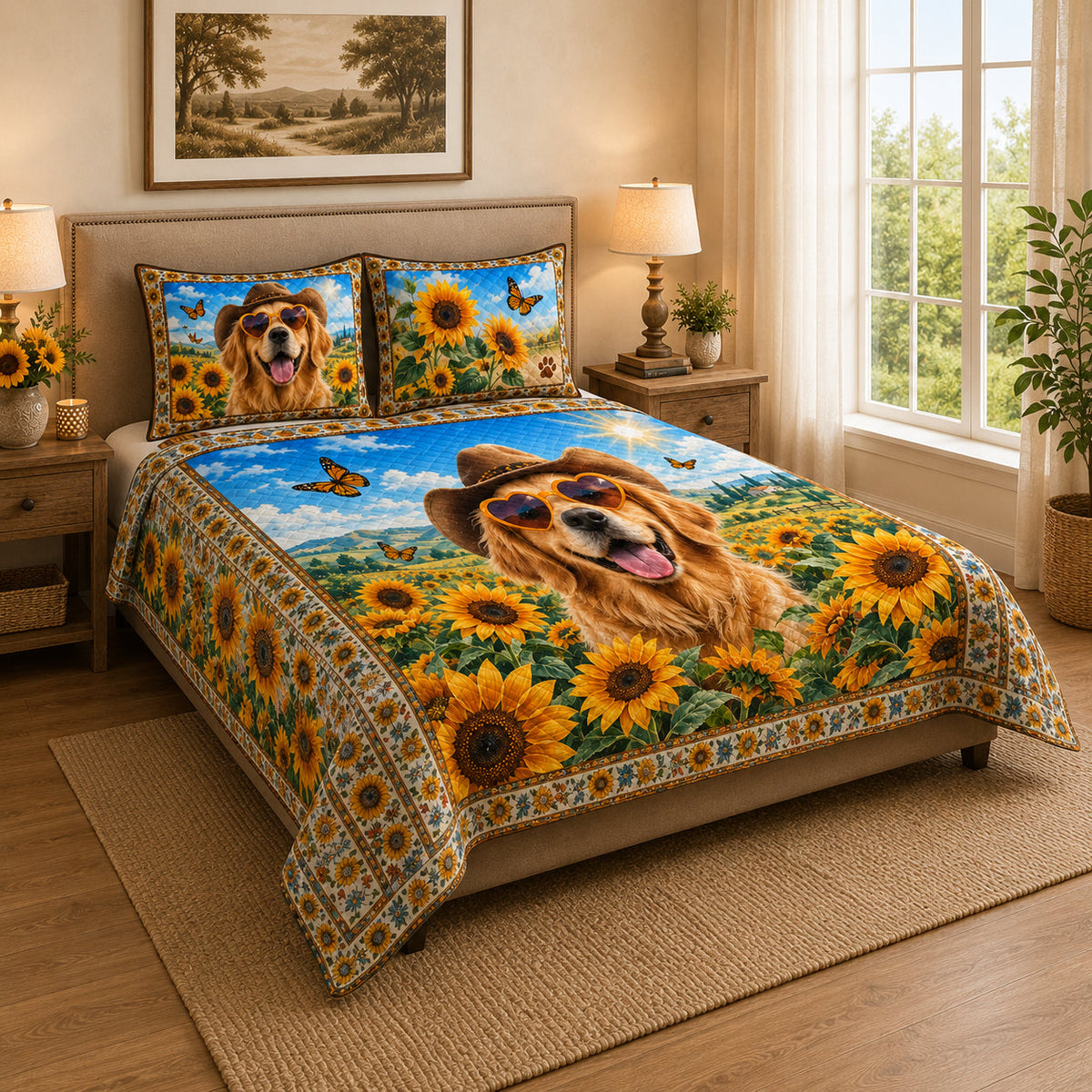 Golden Retriever Sunflower Floral Quilt Set: close view of the quilt artwork showing Golden Retriever Sunflower Floral