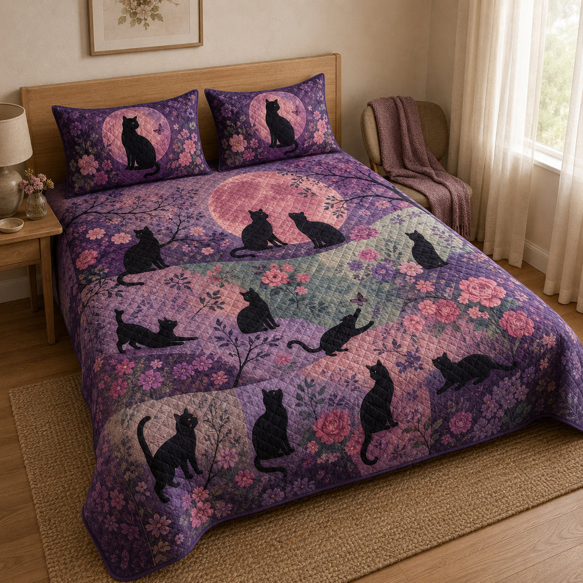 Black Cat Floral Moon Quilt Set – additional view 3