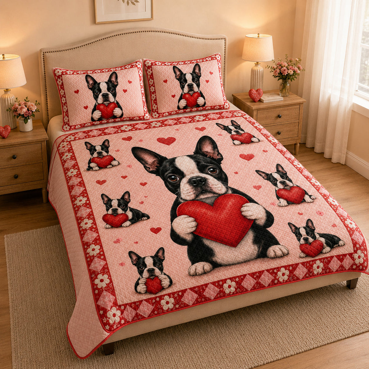 Boston Terrier Heart Quilt Set: close view of the quilt artwork showing Boston Terrier Heart