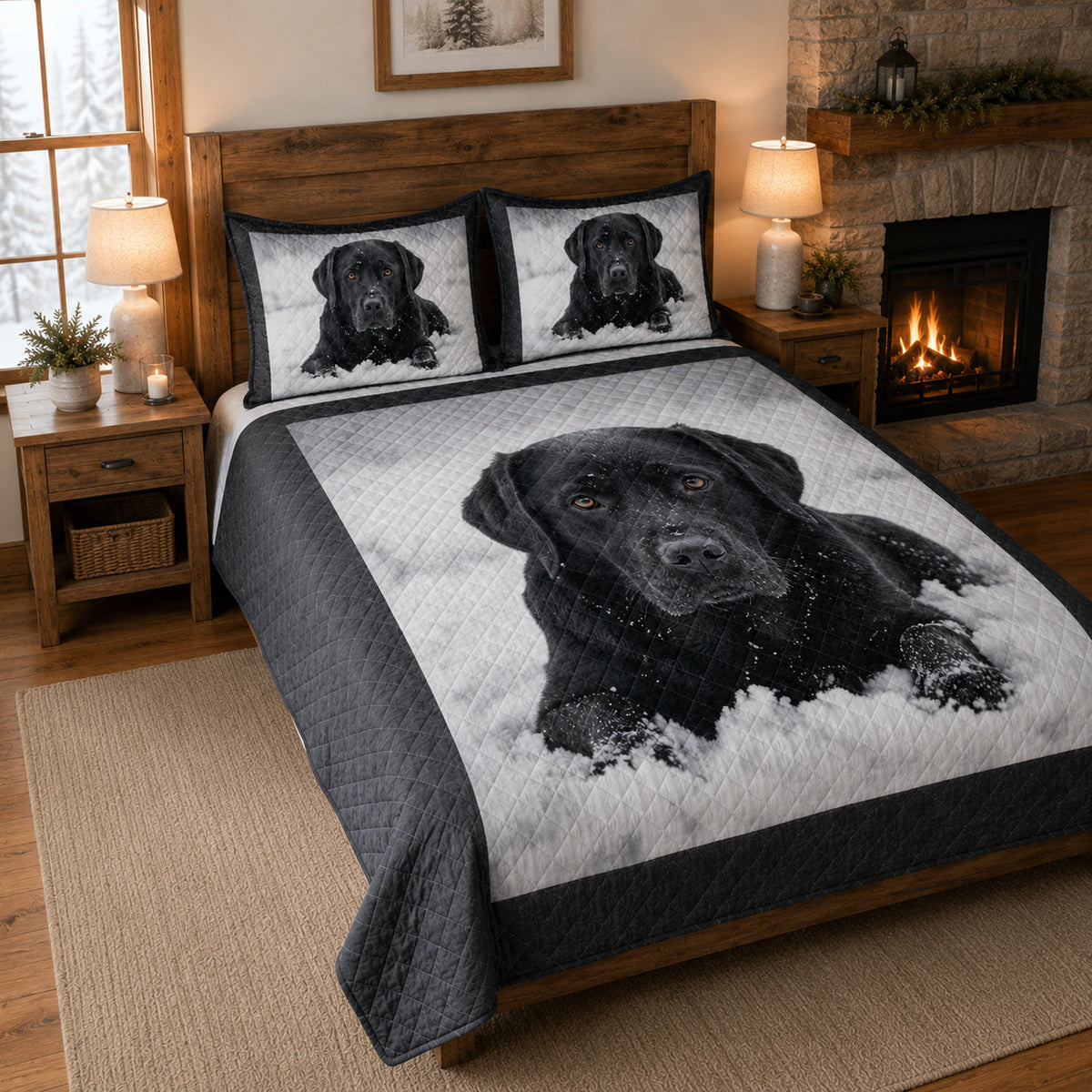 Black Labrador Winter Snow Quilt Set: angled bedroom view showing Black Labrador Winter Snow