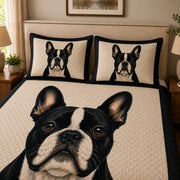 Boston Terrier Black & White Quilt Set: close view of the quilt artwork showing Boston Terrier Black & White