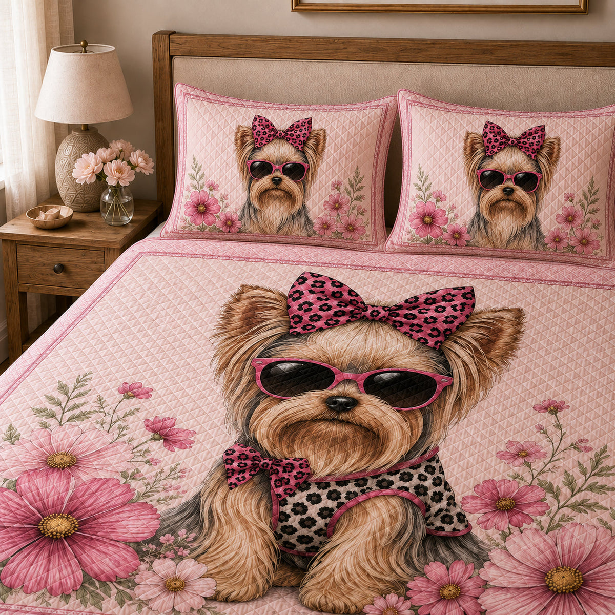 Yorkie Pink Floral Quilt Set: wider bedroom view with matching shams showing Yorkie Pink Floral