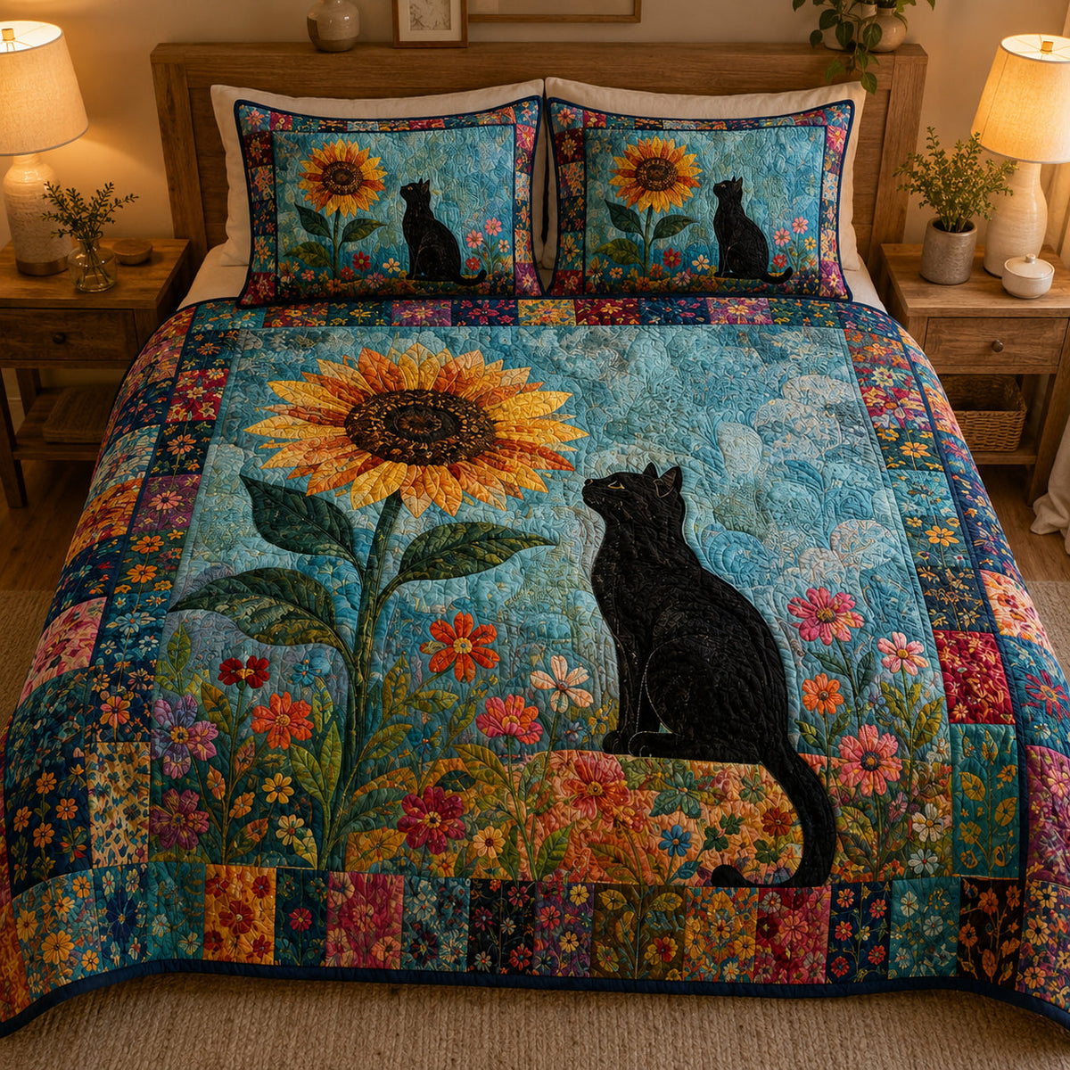 Black Cat Sunflower Floral Quilt Set – additional view 4