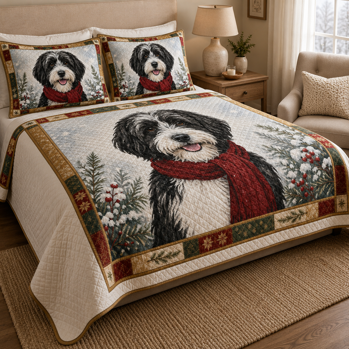 Sheepadoodle Christmas Quilt Bedding Set, Black & White Dog Winter Bedspread, Holiday Dog Quilt Set with 2 Pillow Shams
