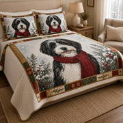 Sheepadoodle Christmas Quilt Bedding Set, Black & White Dog Winter Bedspread, Holiday Dog Quilt Set with 2 Pillow Shams