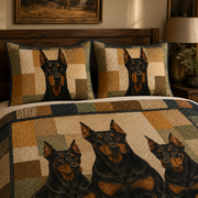 Doberman Dog Quilt Bedding Set, Black & Tan Bedspread, 3 Piece Quilt Set with 2 Pillow Shams