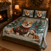 Corgi Christmas Quilt Set: wider bedroom view with matching shams showing Corgi Christmas