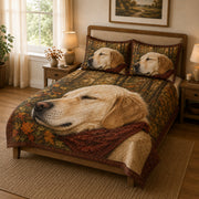 Yellow Labrador Fall Quilt Set: wider bedroom view with matching shams showing Yellow Labrador Fall