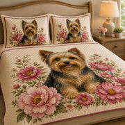 Yorkie Floral Quilt Set: wider bedroom view with matching shams showing Yorkie Floral