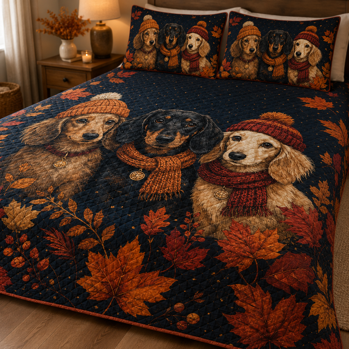 Autumn Dachshund Trio Leaves Quilt Set