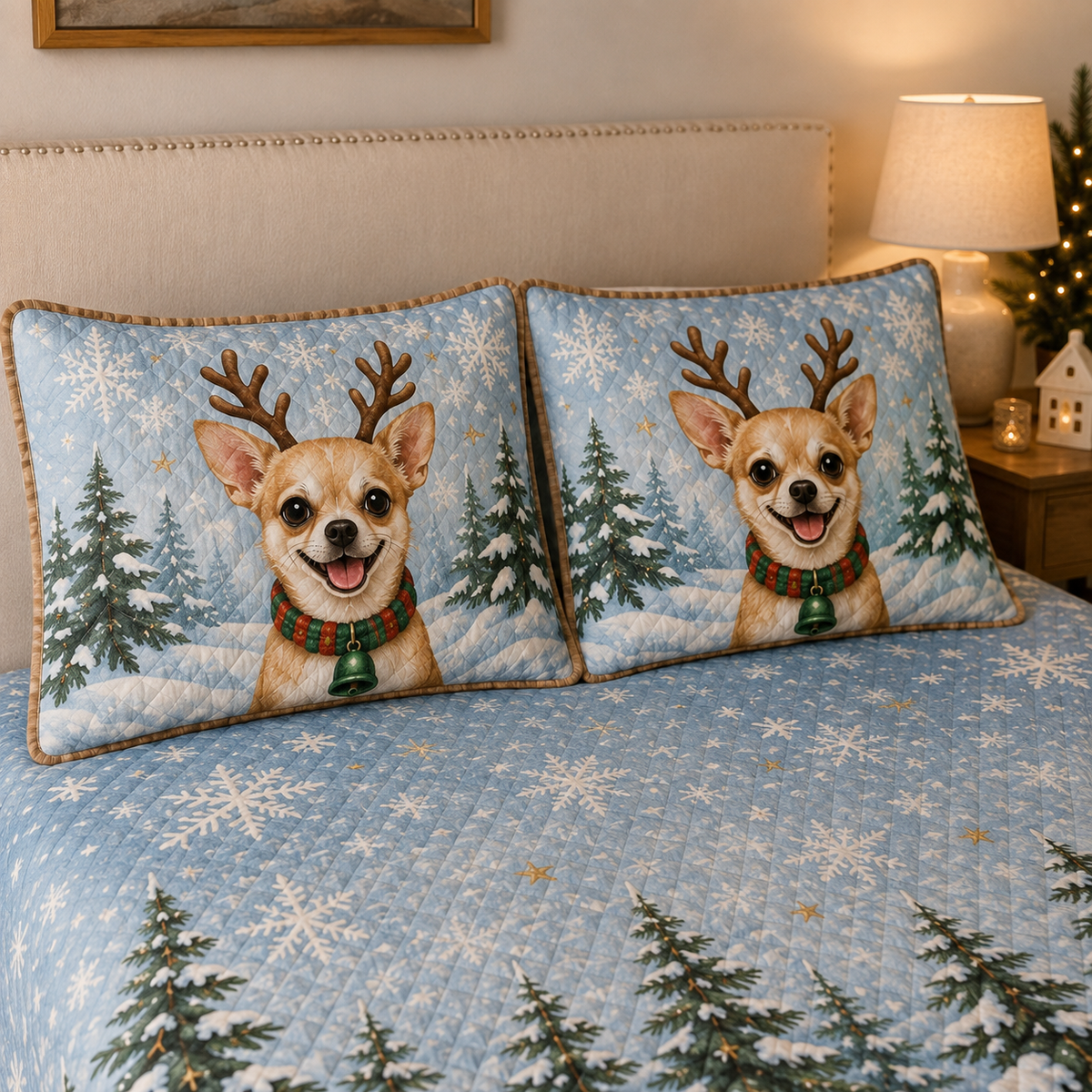 Christmas Chihuahua Reindeer Winter Quilt Set