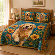 Golden Retriever Sunflower Garden Quilt Set: angled bedroom view showing Golden Retriever Sunflower Garden