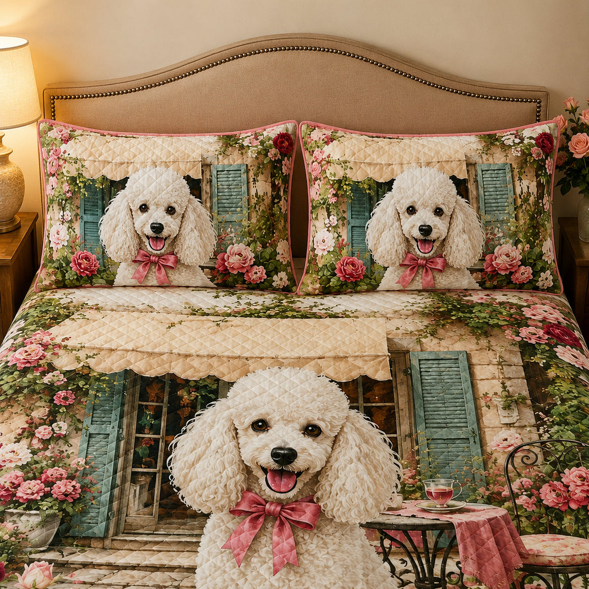 White Poodle Floral Quilt Set – additional view 3