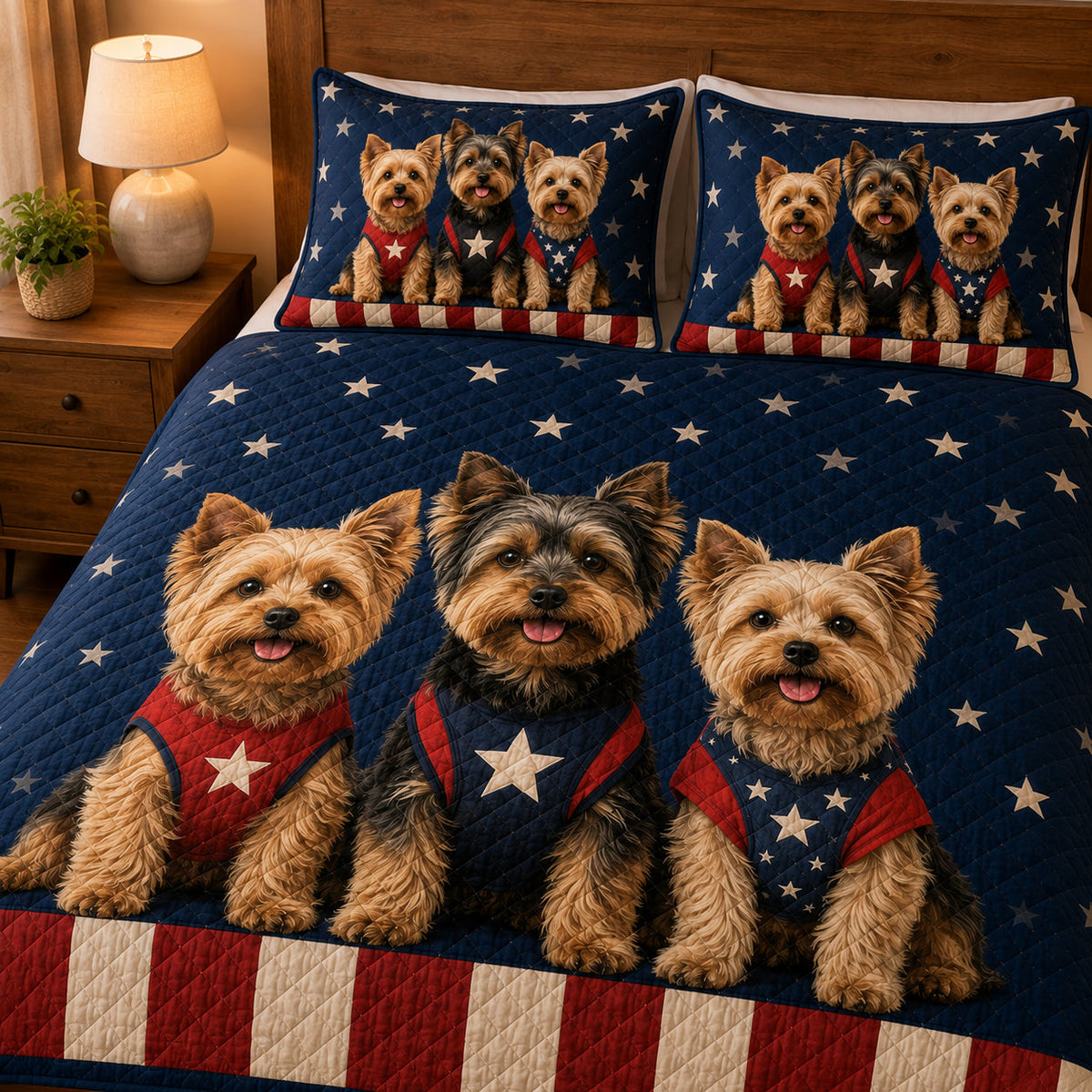 Patriotic Yorkie Quilt Set: wider bedroom view with matching shams showing Patriotic Yorkie