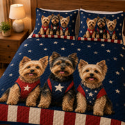 Patriotic Yorkie Quilt Set: wider bedroom view with matching shams showing Patriotic Yorkie