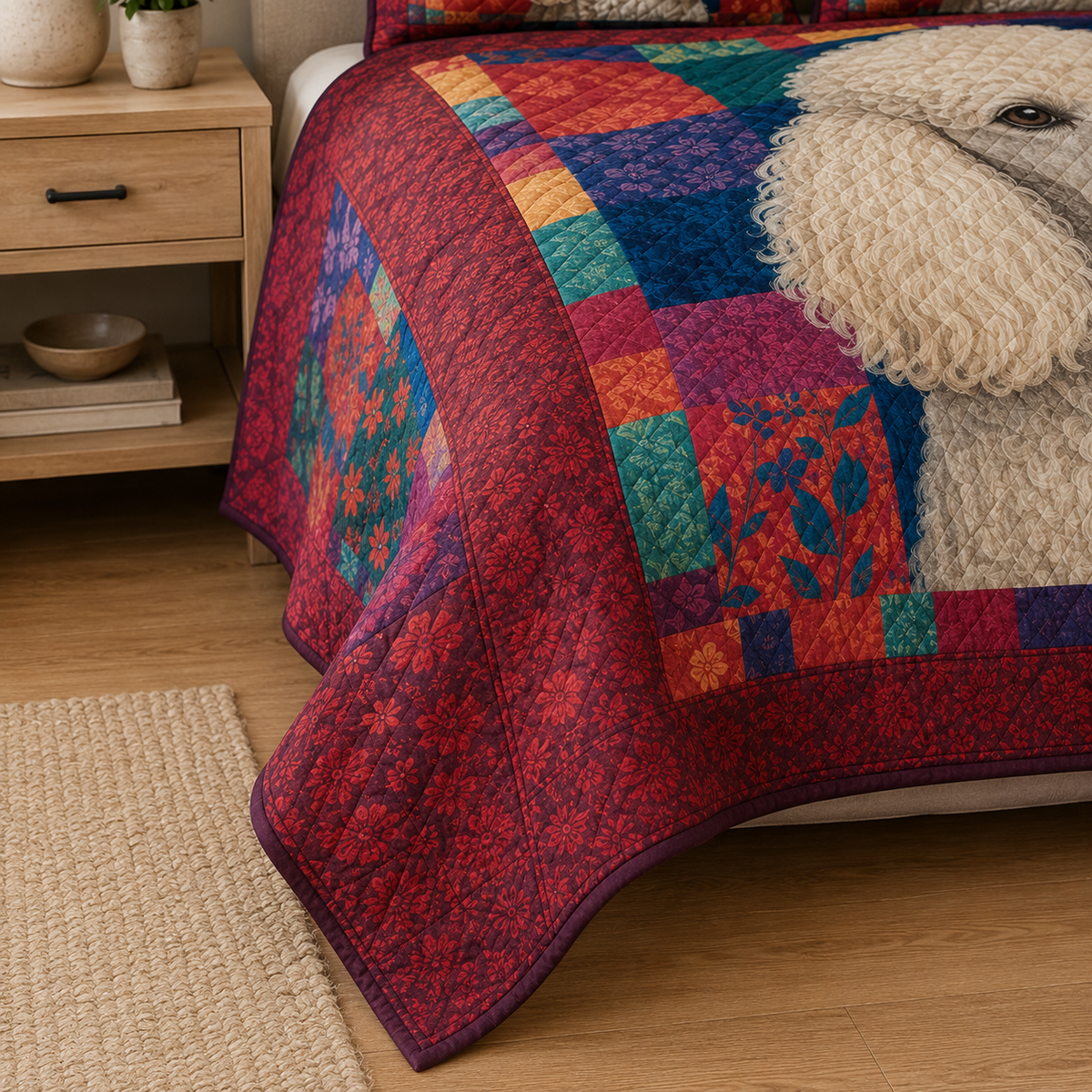White Poodle Quilt Bedding Set, Colorful Dog Bedspread, Standard Poodle Quilt Set with 2 Pillow Shams