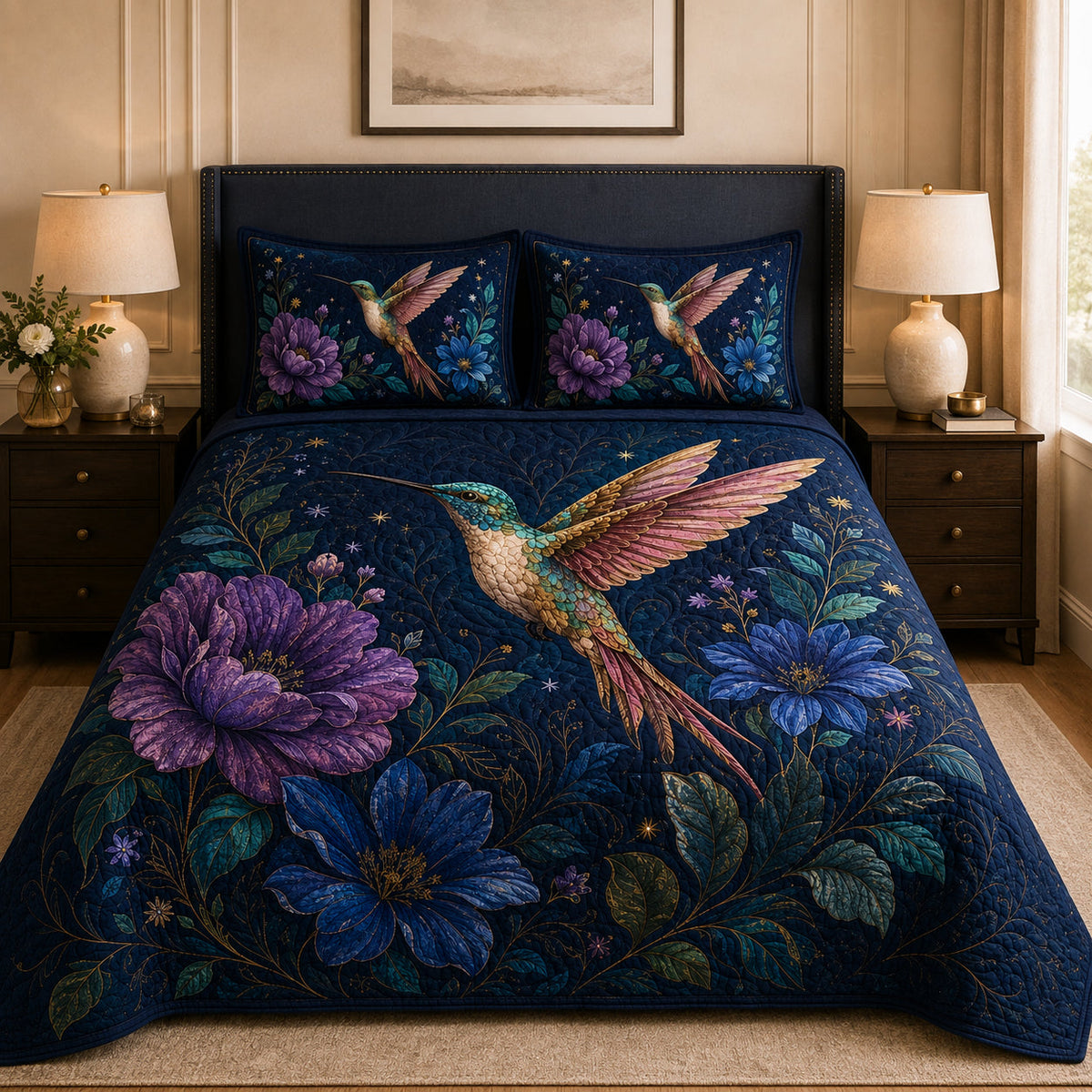 Hummingbird Floral Quilt Set Navy Blue Decor – additional view 3