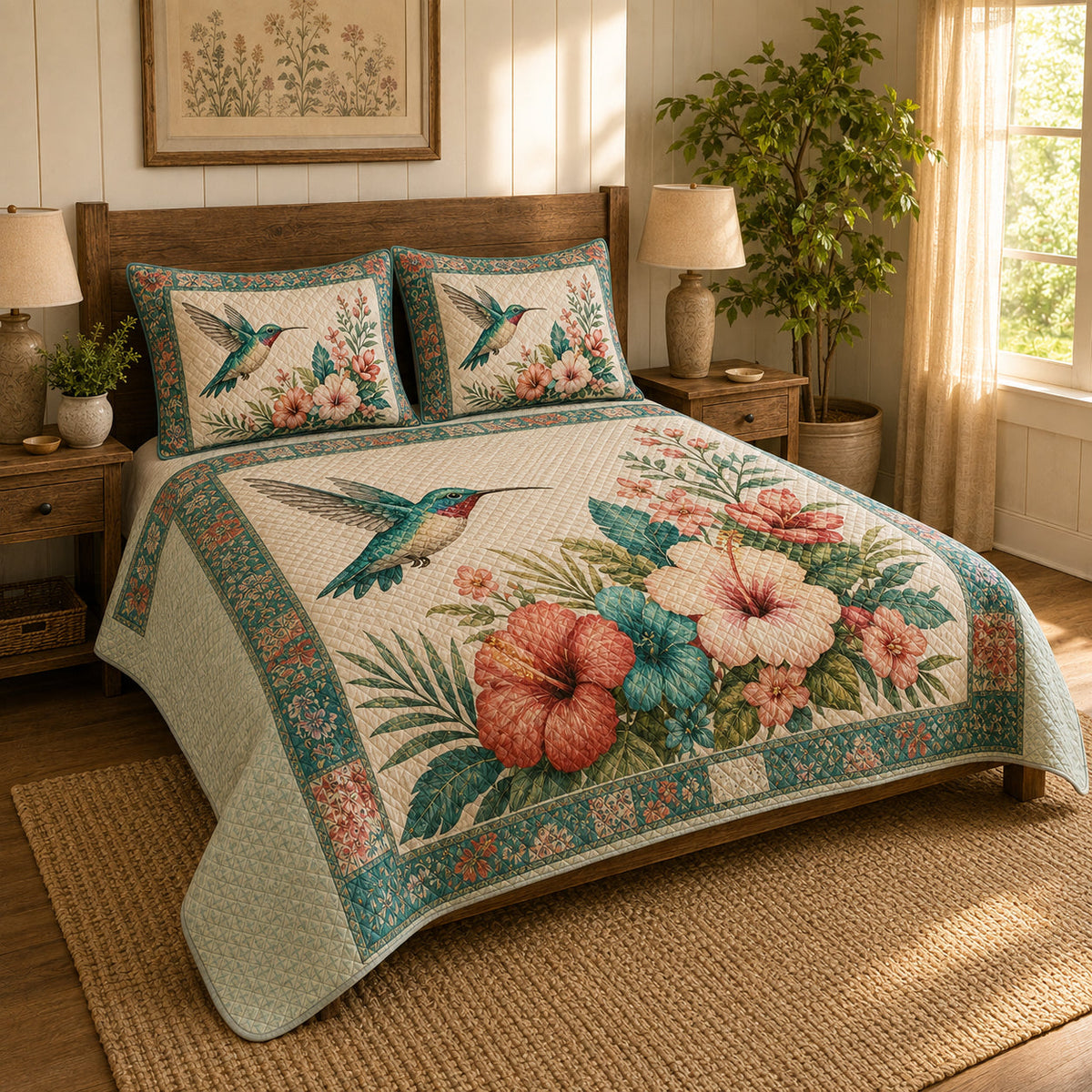 Pastel Hummingbird Hibiscus Garden Quilt Set – additional view 3
