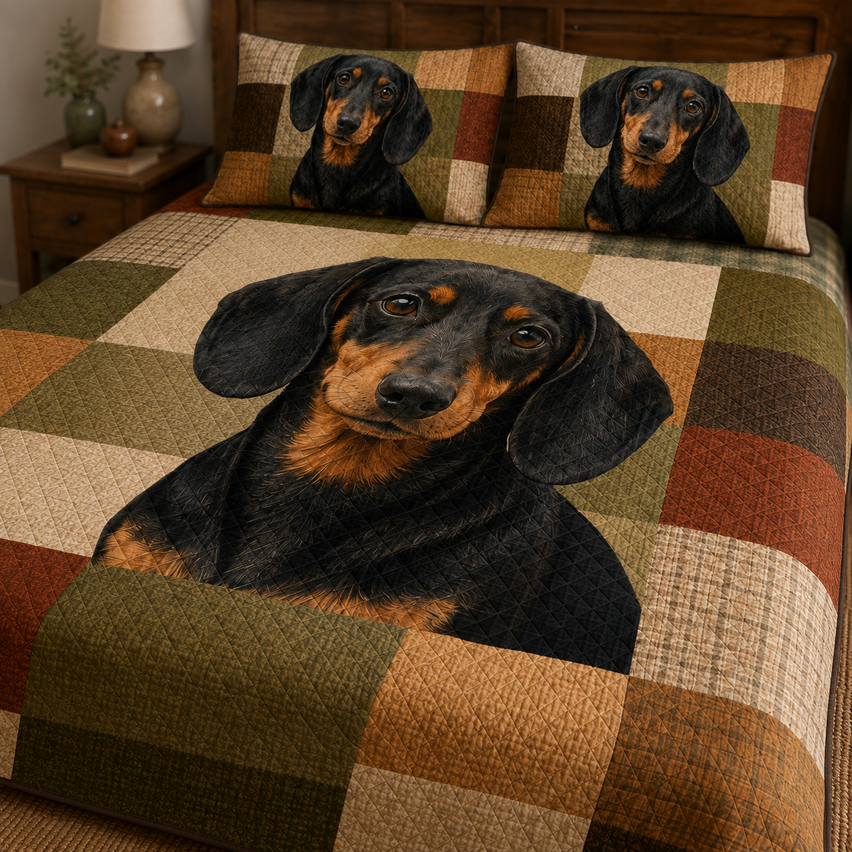 Dachshund Quilt Set, Black Tan Dog Bedspread