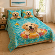 Golden Retriever Summer Pool Quilt Set: close view of the quilt artwork showing Golden Retriever Summer Pool